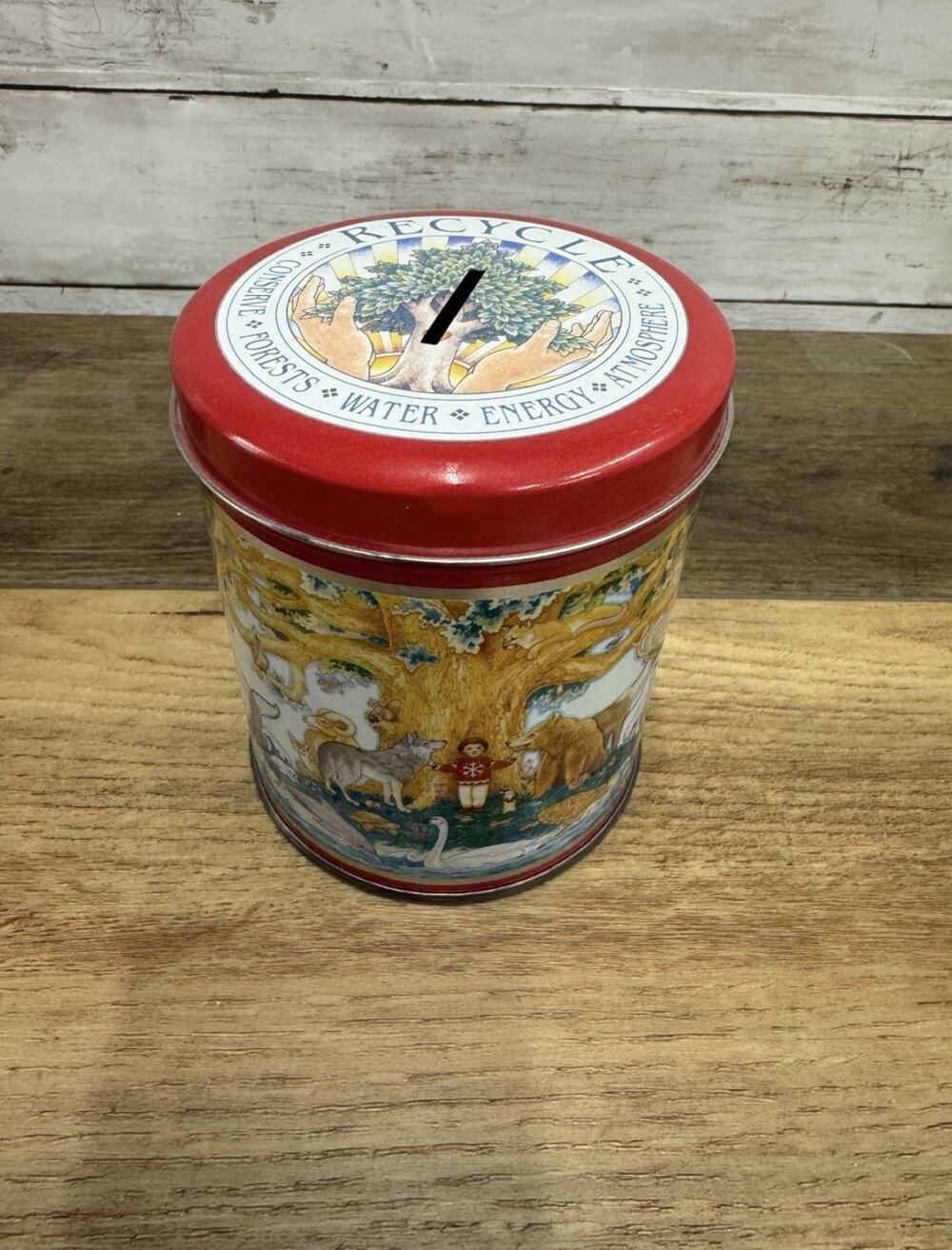 Vintage 1990 Earth Day Tin Save Life on Earth Coin Bank Forests Water Recycle